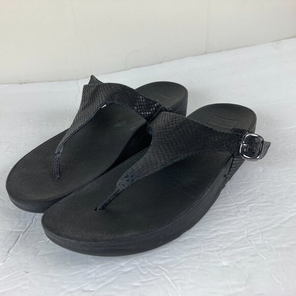 Fitflop Womens Sz 10 Lulu Textured Black Leather Thong Flip Flop Wedge Sandals - Picture 2 of 8
